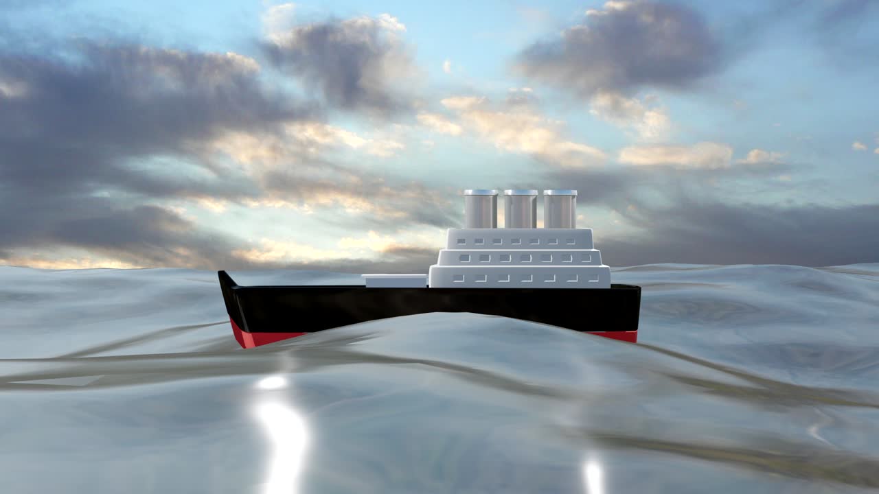 3D animation art of a transatlantic ship on the high seas.