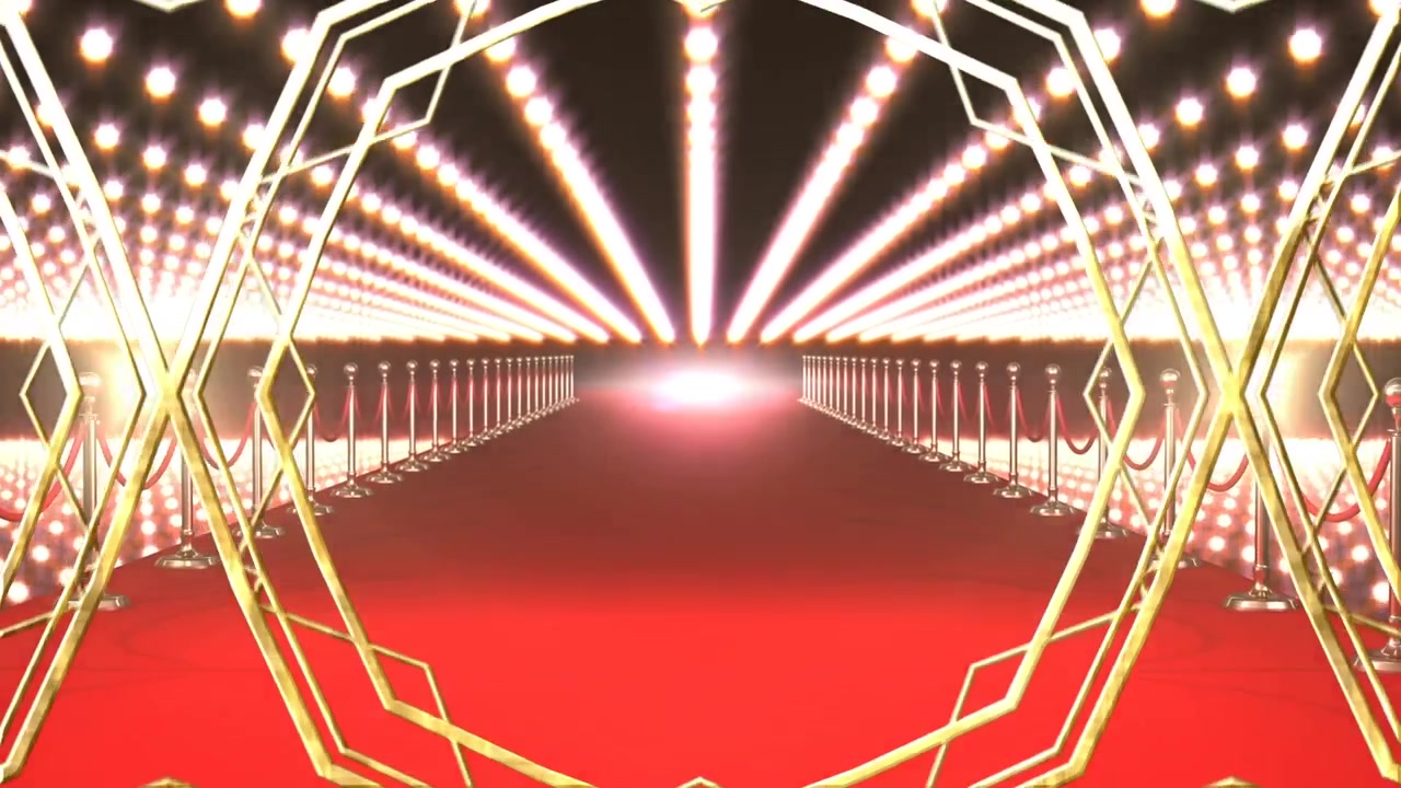 Animasi bentuk geometris emas di atas karpet merah