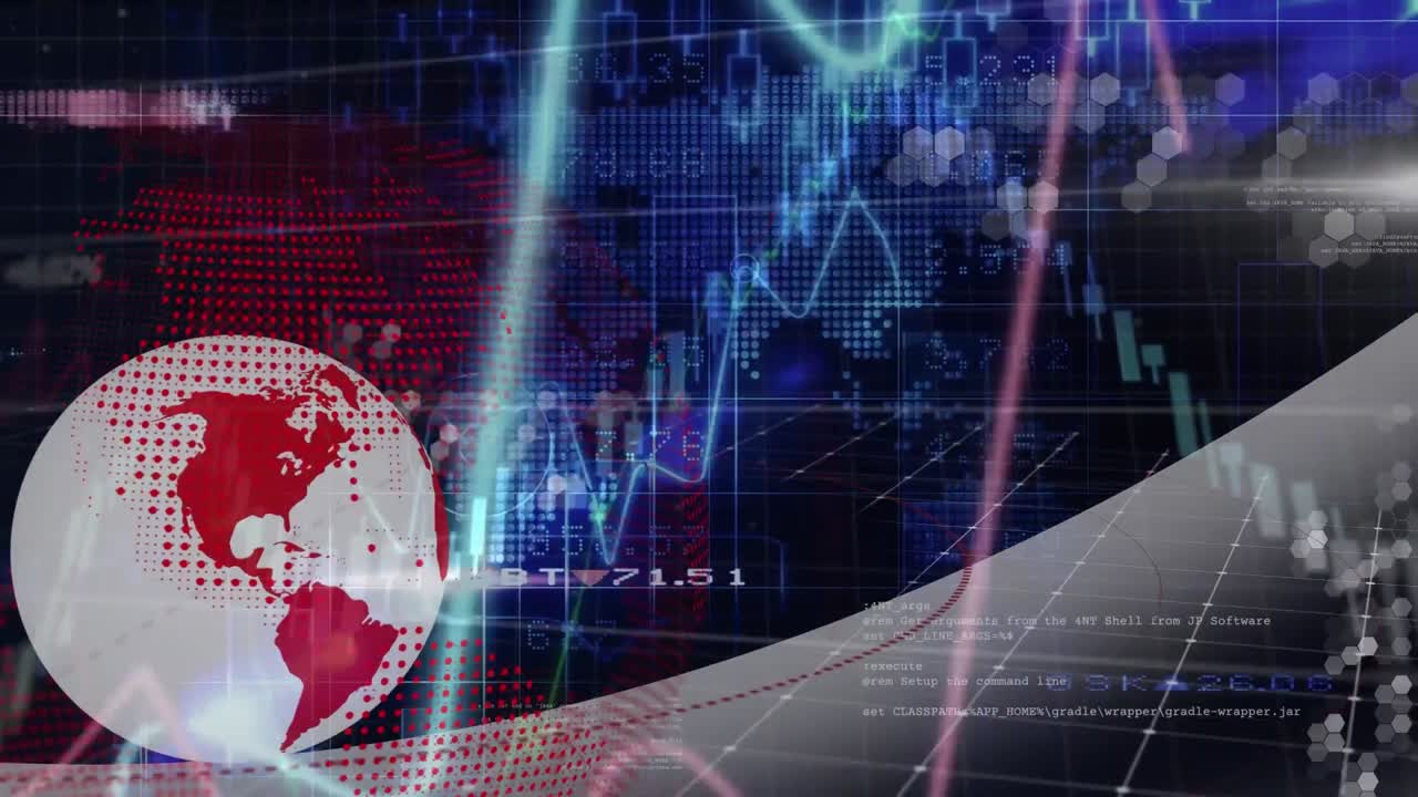 animación del procesamiento de datos financieros sobre el globo y el mapa del mundo