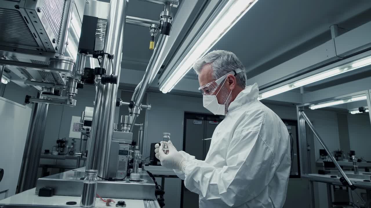A scientist in protective gear examines a vial in a lab. The low-angle shot adds depth