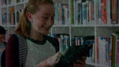 Animation-of-network-of-connections-over-caucasian-schoolgirl-in-library