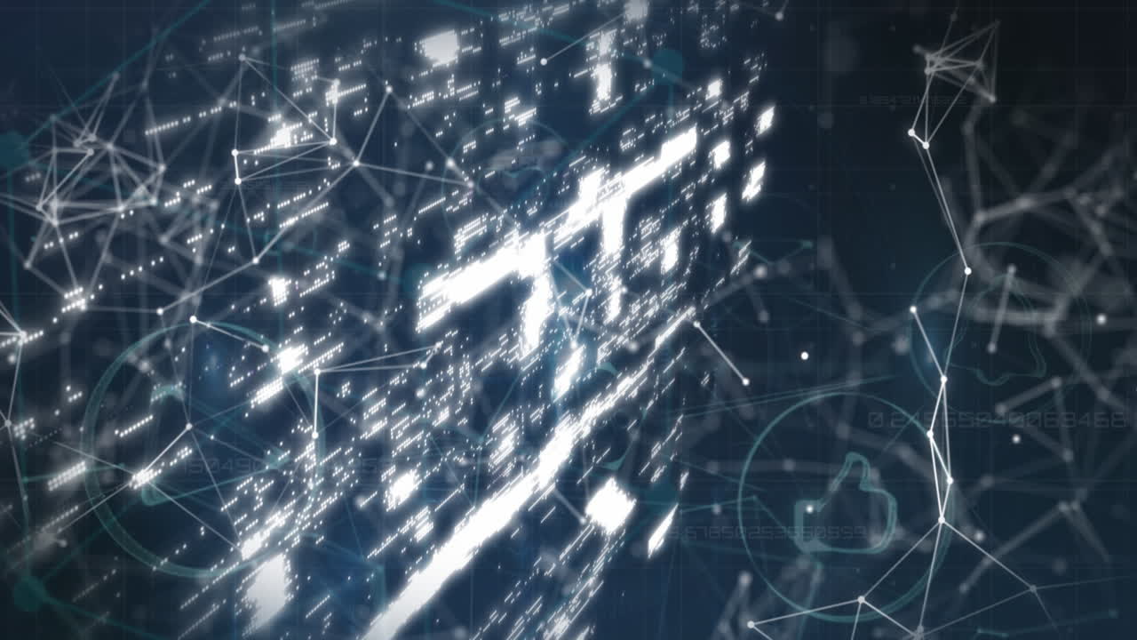 파란색 배경에 보안 락 아이콘, 연결 네트워크 및 디지털 아이콘의 애니메이션