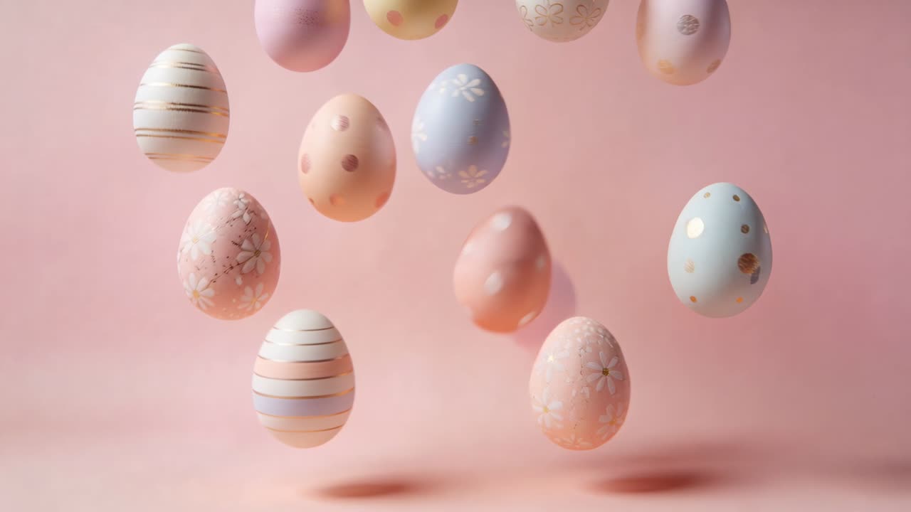 Drifting fifteen painted eggs rising and lowering in studio during sequence start, adding depth