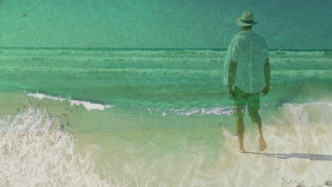 Walking on beach, man with ocean waves in animation effect overlay