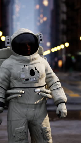 astronaut walking in a futuristic city