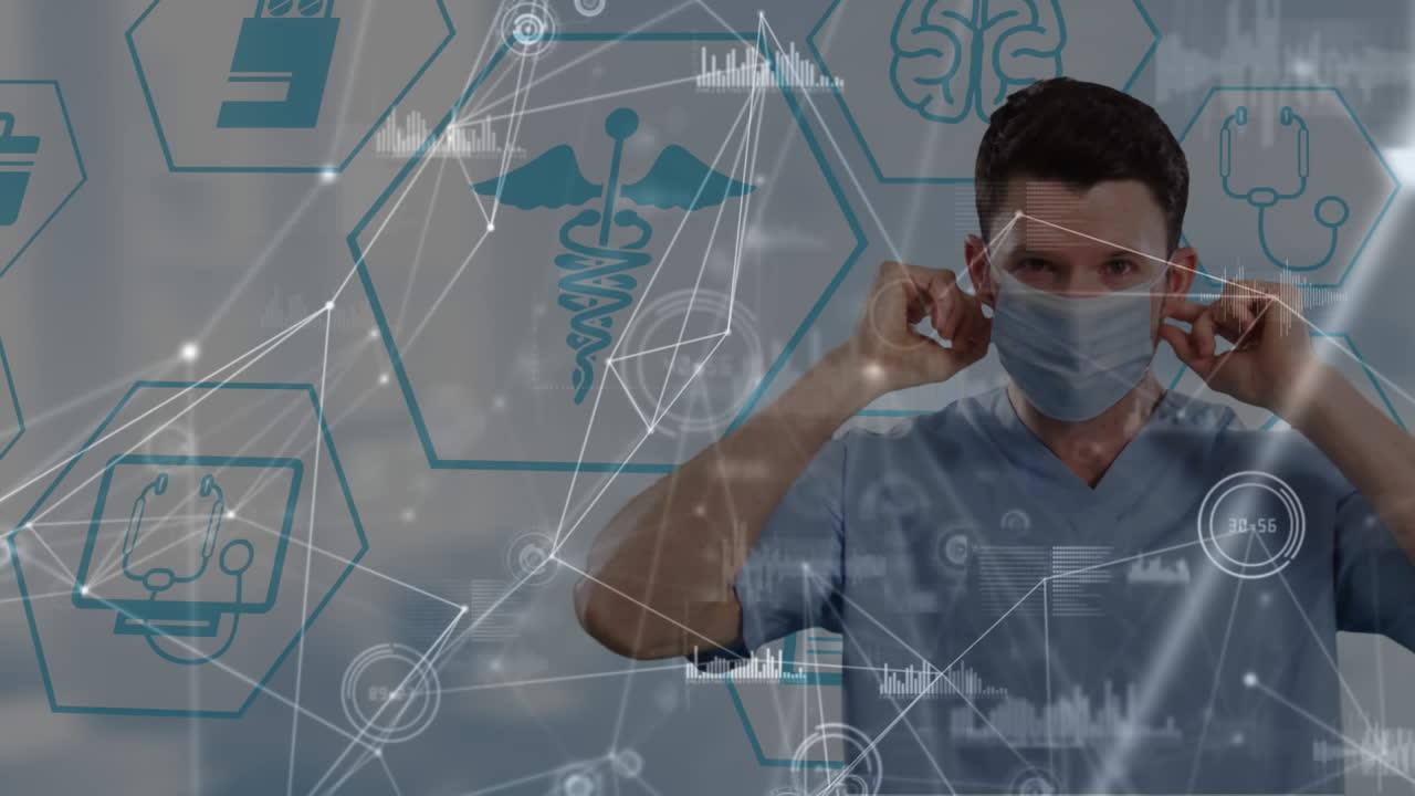 카우카시안 남성 의사에 대한 데이터 처리와 연결 네트워크의 애니메이션