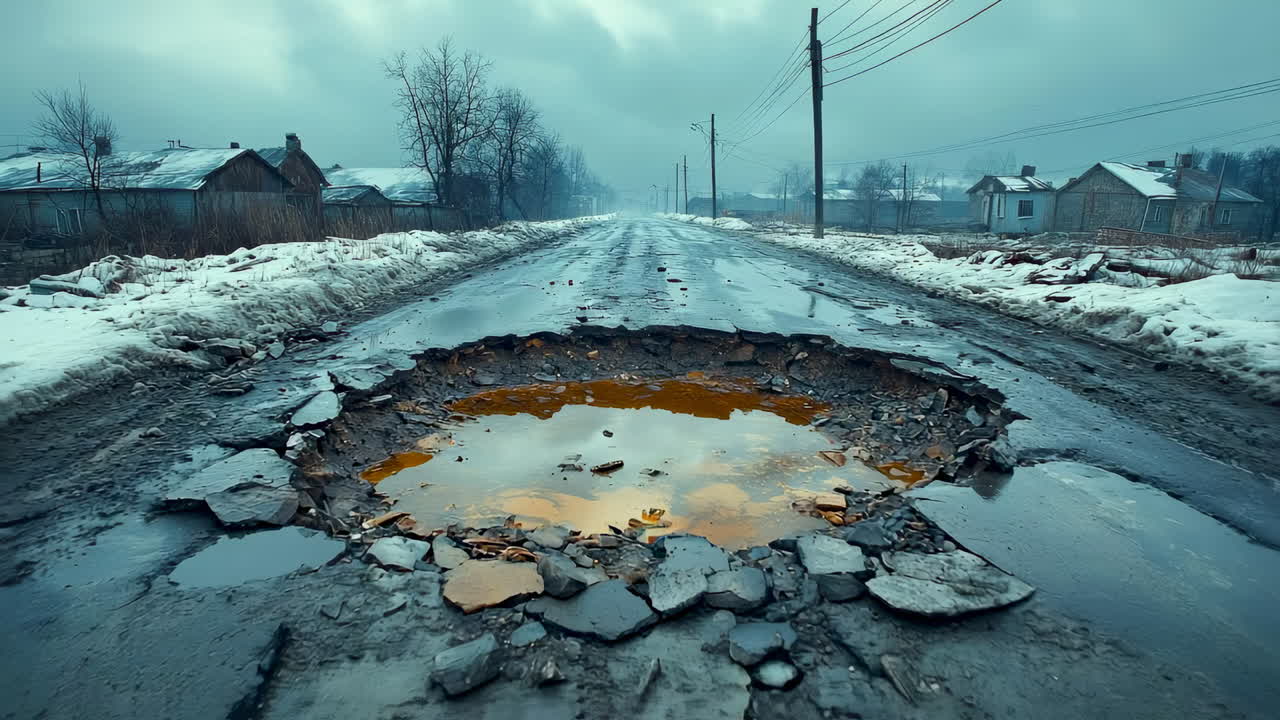 Strada che attraversa un villaggio innevato in inverno. Una strada dissestata conduce attraverso un tranquillo villaggio coperto di neve e ghiaccio, mettendo in mostra un paesaggio invernale cupo