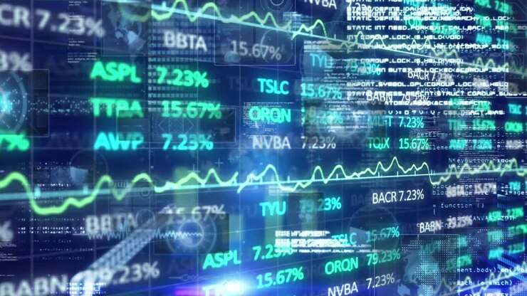 Animation of financial data processing over dark background