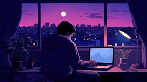 Illustration of a person at a desk, viewed from behind, gazing at a cityscape under a purple night