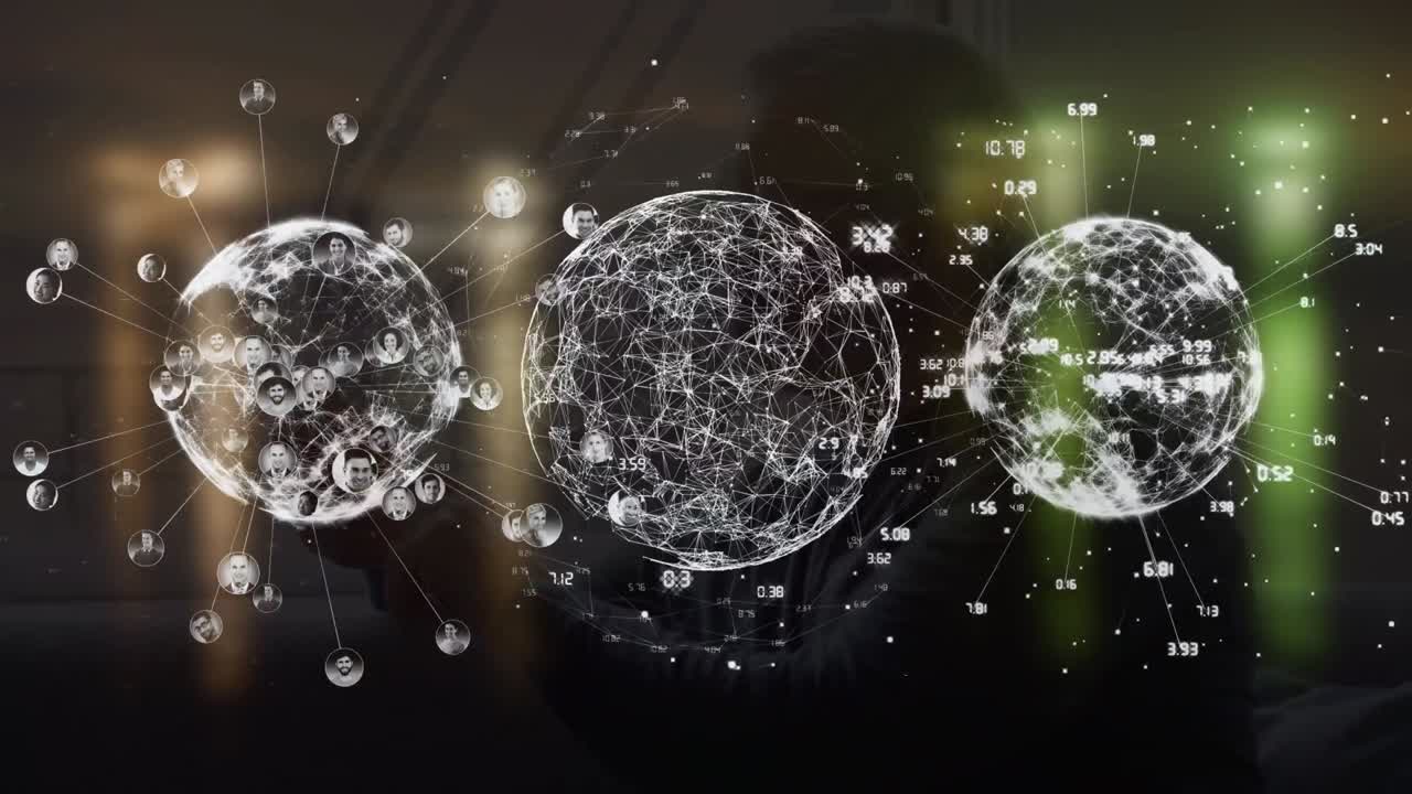 갈색과 초록색 배경 위에 연결과 지구의 애니메이션