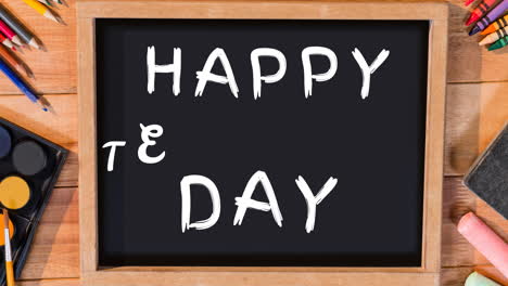 animation of happy teacher's day text over school items on green background