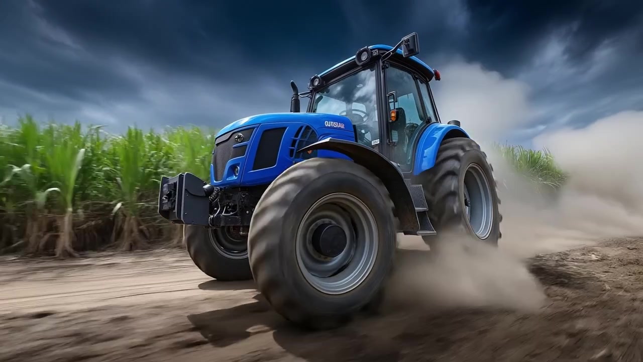Grande trattore moderno blu che attraversa un campo agricolo polveroso sotto un cielo serale suggestivo