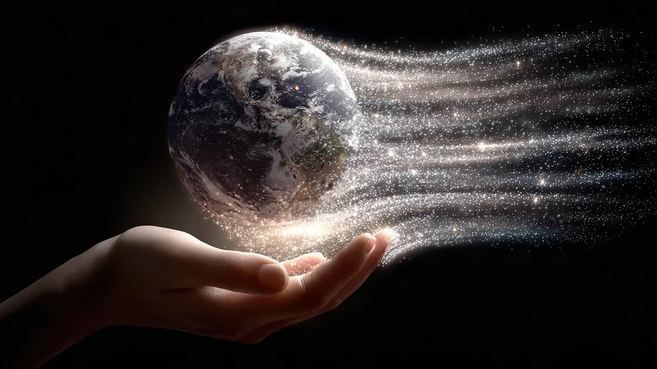 A hand extends into the cosmos, cradling a shimmering Earth, surrounded by ethereal trails of light and stardust, symbolizing the fragility and beauty of our planet in the universe
