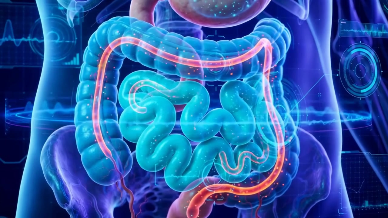 Animazione medica 3D dell'apparato digerente umano con sovrapposizione di dati digitali e linee di scansione futuristiche sull'intestino