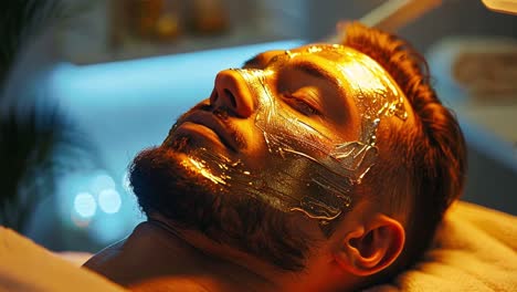 man receiving a luxurious gold facial mask treatment