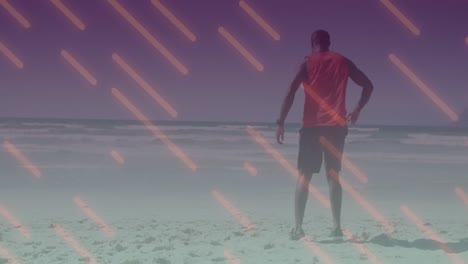animation of lines over african american man stretching at beach
