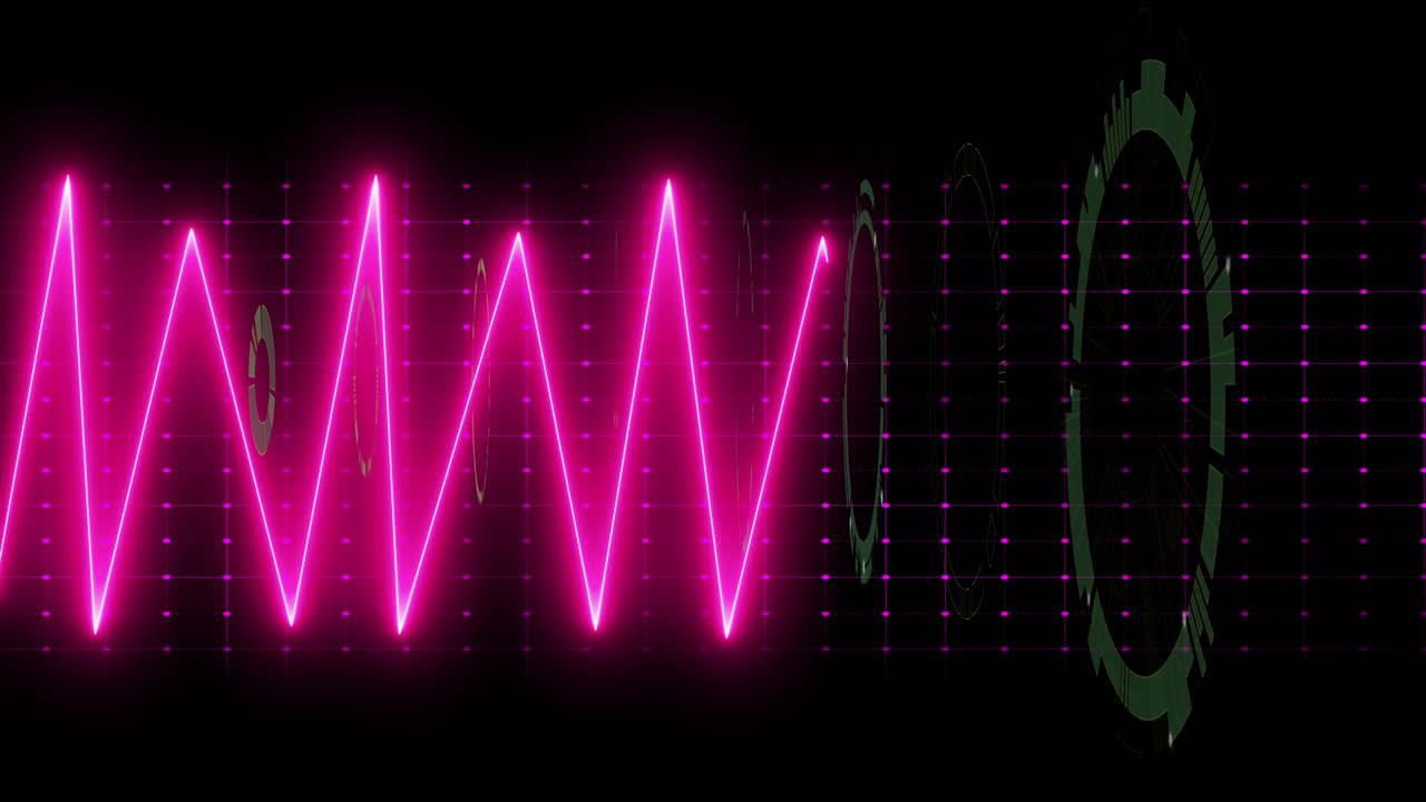 Digital grid pattern with pink waveform and circular elements on dark background