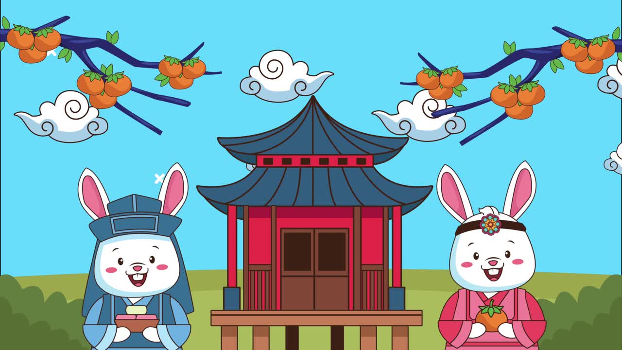 happy chuseok celebration with chinese house and rabbits couple