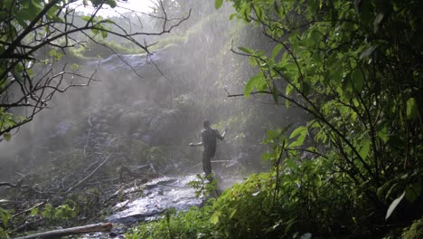 hombre africano baila alegremente debajo de una cascada tropical mientras se moja