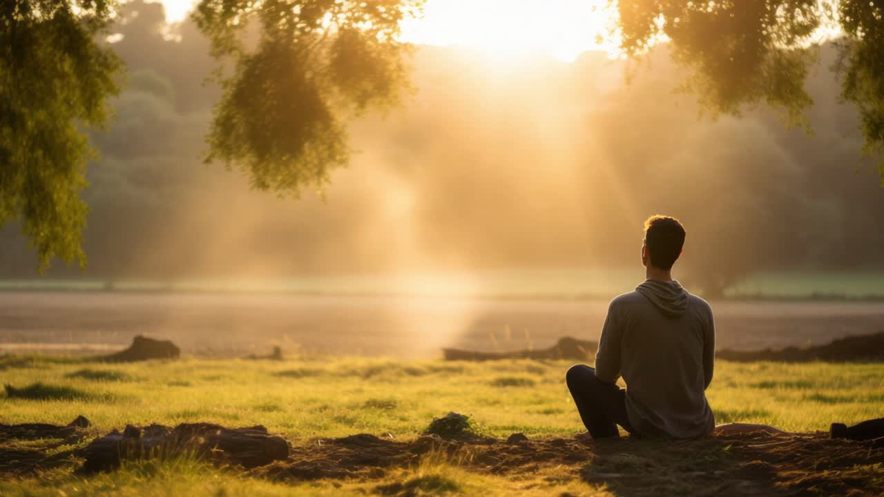 Young man practicing meditation in a field at sunrise, surrounded by gentle sunbeams filtering through trees, embracing the peace and tranquility of nature's beauty