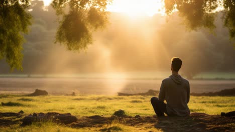 young man practicing meditation in a field at sunrise, surrounded by gentle sunbeams filtering through trees, embracing the peace and tranquility of nature's beauty