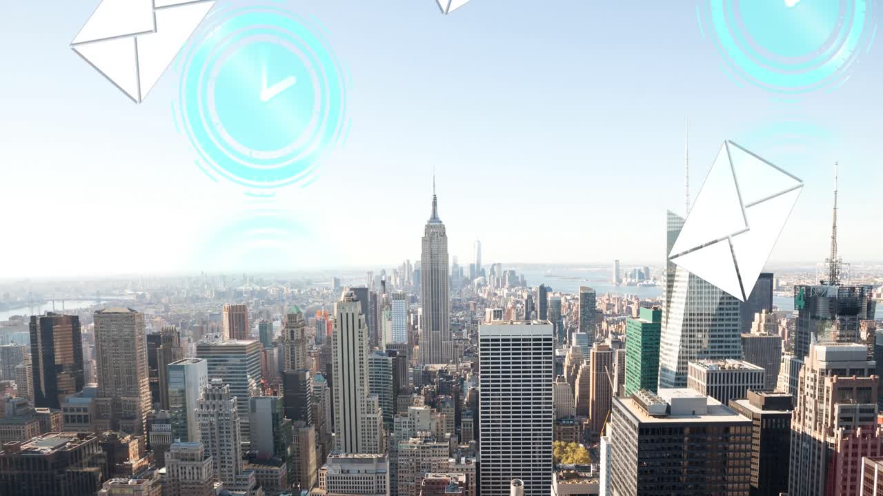 Animation of moving clocks and social media icons over cityscape