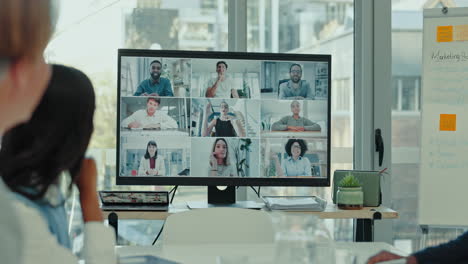 Video-call,-meeting-and-business-people-on-screen