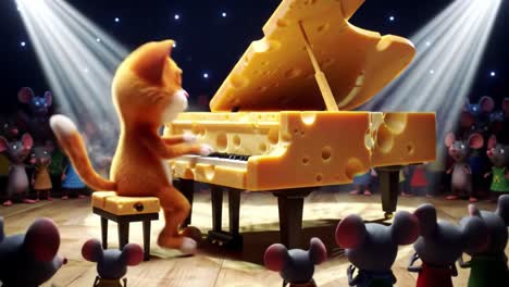 a charming performance: a feline pianist captivates an audience of mice with a unique cheese piano in a magical, spotlight-filled setting