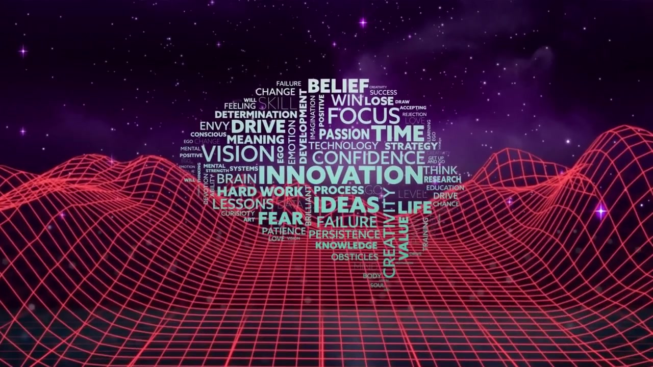 Animation of business concept texts forming a human brain icon against metaverse structures in space