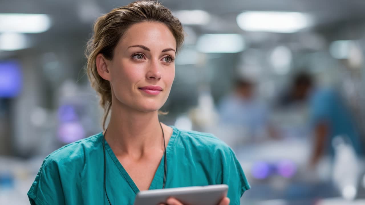 Sundhedspersonale i patientpleje: En fokuseret sundhedsarbejder, der bruger teknologi i et moderne hospitalsmiljø.