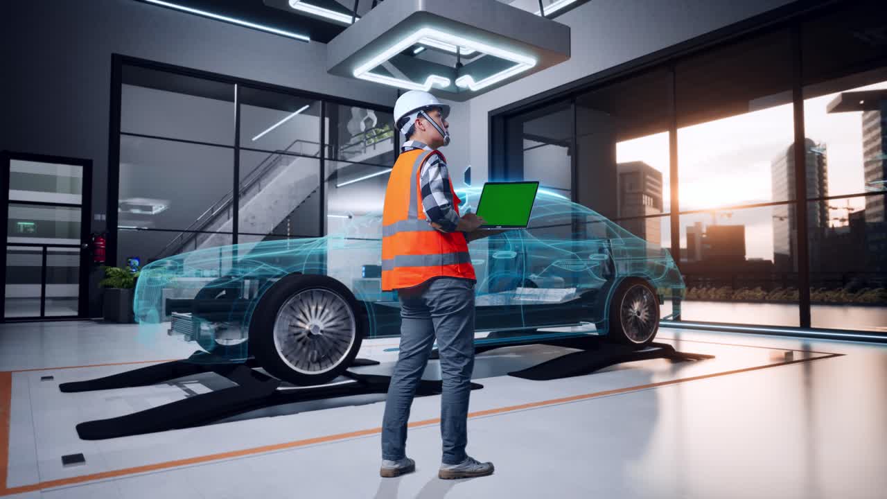 vista trasera completa del cuerpo de un ingeniero masculino asiático con casco de seguridad trabajando en una computadora portátil de pantalla verde y mirando a su alrededor mientras está de pie con el concepto de vehículo eléctrico, instalación industrial de alta tecnología