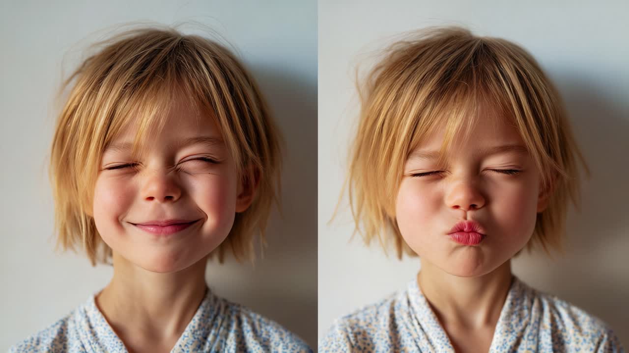 Un'affascinante serie di emozioni mostrate da un bambino piccolo in abiti leggeri: dai sorrisi gioiosi ai musi imbronciati e giocosi, catturati in due immagini di espressione