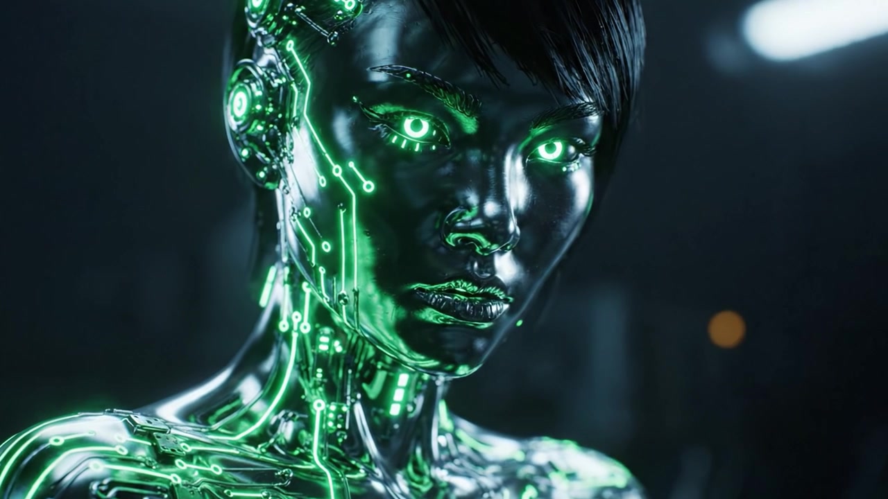Entità cibernetica futuristica: Un'esplorazione affascinante della robotica avanzata che mostra circuiti integrati in modo innovativo in un'estetica fantascientifica sorprendente.