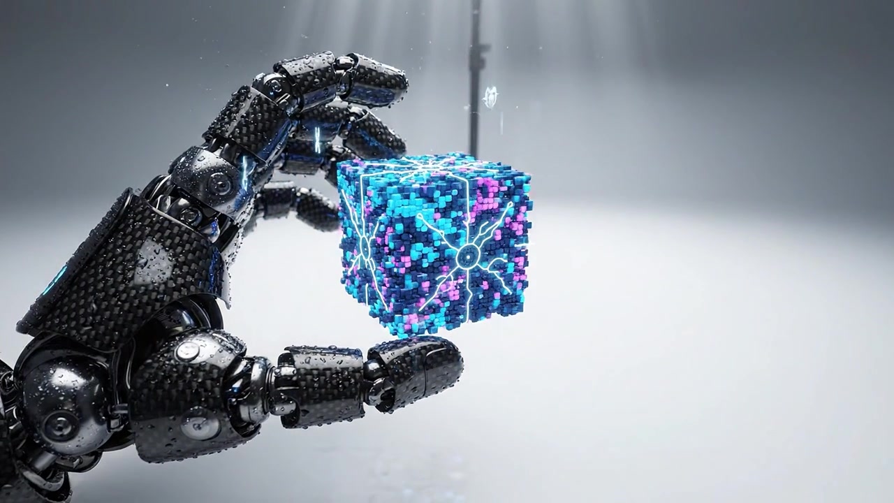 Futuristic robotic hand grasping a glowing cube emitting digital data streams, symbolizing advanced technology and artificial intelligence innovation in a sleek environment.