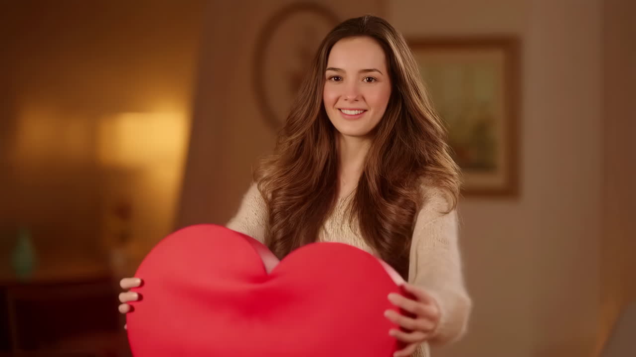 Jovem mulher sorrindo segurando um grande coração vermelho