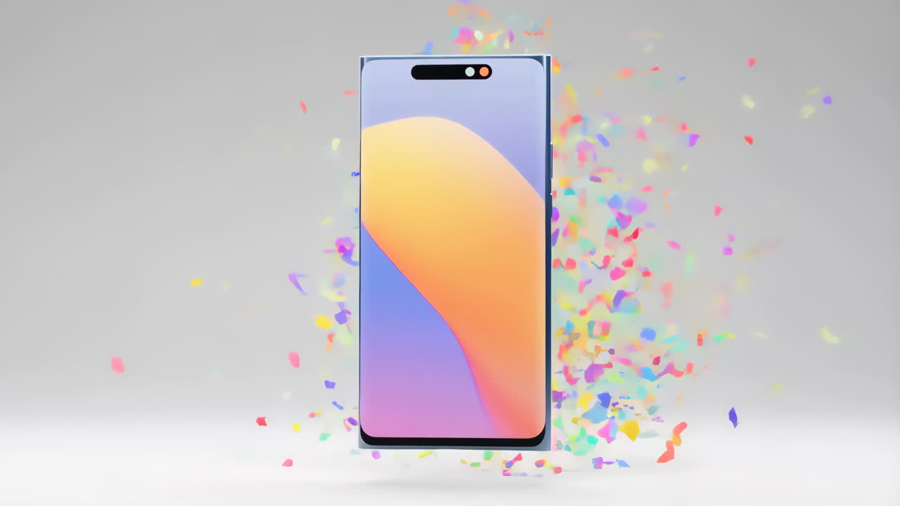Modern Smartphone with Colorful Confetti on a Grey Background