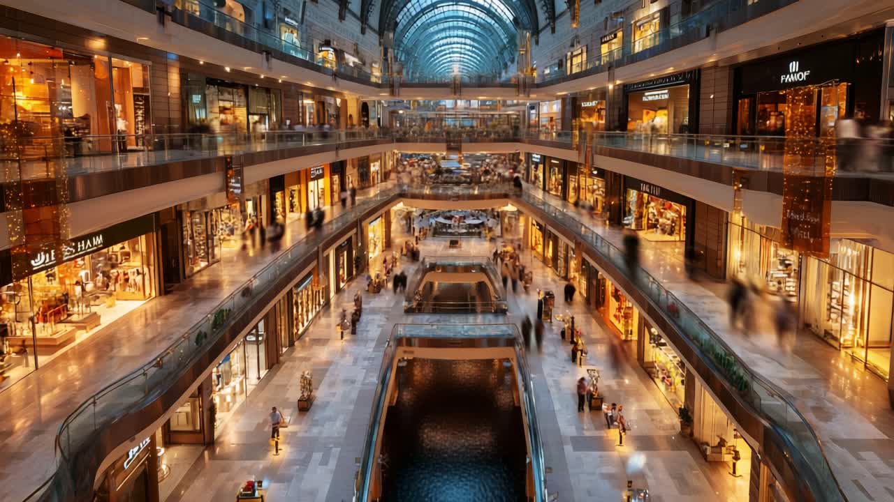 A Panoramic View of a Luxurious Shopping Mall Filled with Shoppers and Elegant Displays, Showcasing Modern Architecture and a Serene Water Feature Amidst the Retail Experience
