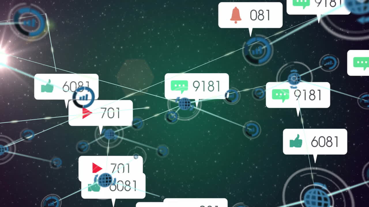 상호 연결된 네트워크 노드를 통해 소셜 미디어 알림과 메시지의 애니메이션