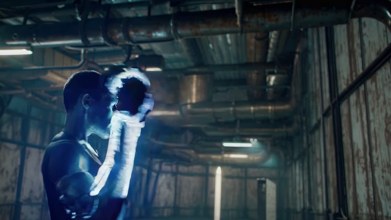 corredor cyberpunk en un túnel industrial oxidado