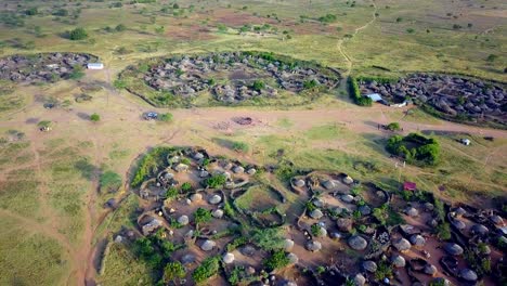 aerial shot of traditional african rural tribe village, east africa
