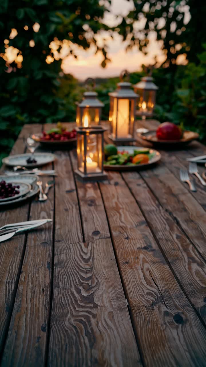 Rustic outdoor dining setup at sunset with lanterns and food. Captured from a low angle, perfect