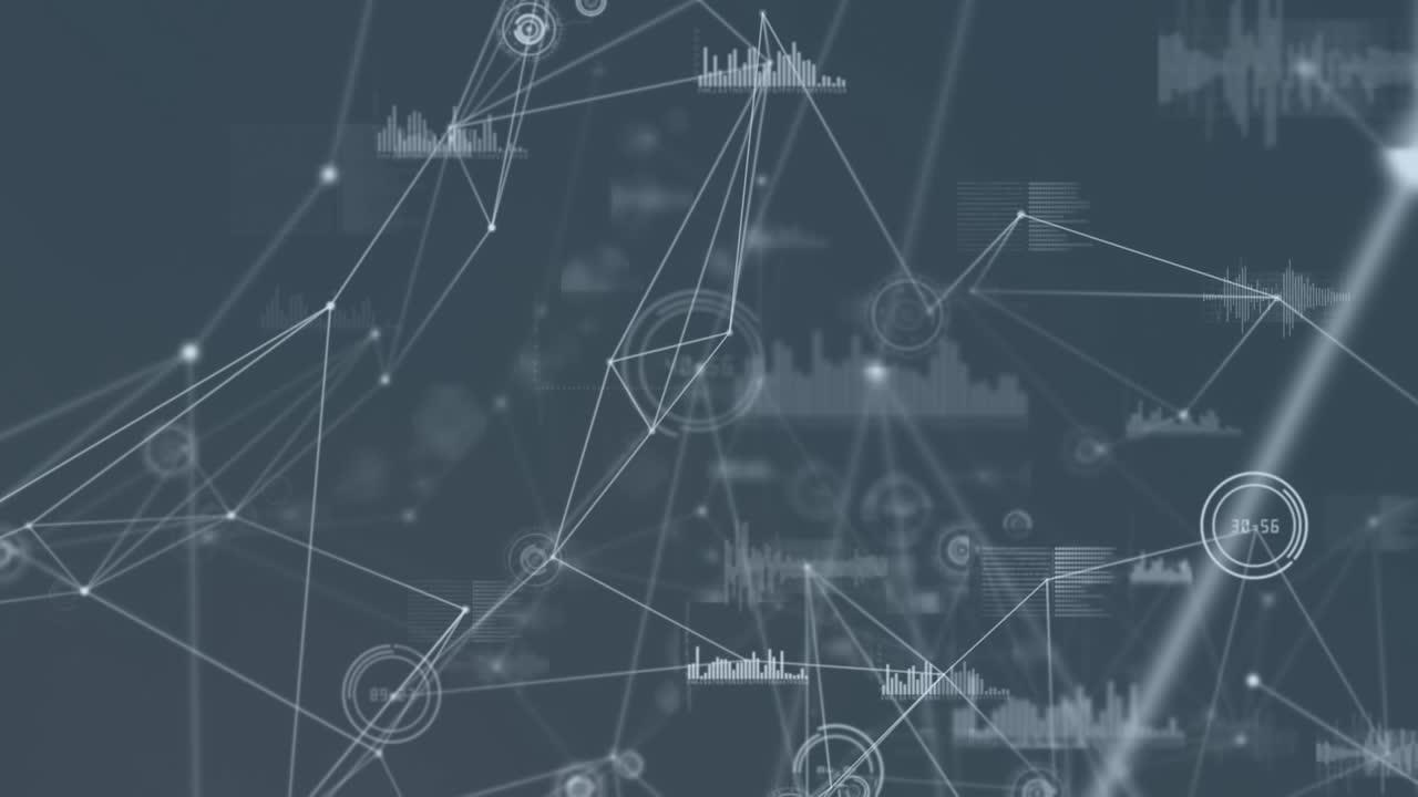 Animation of network of connections with data processing on grey background