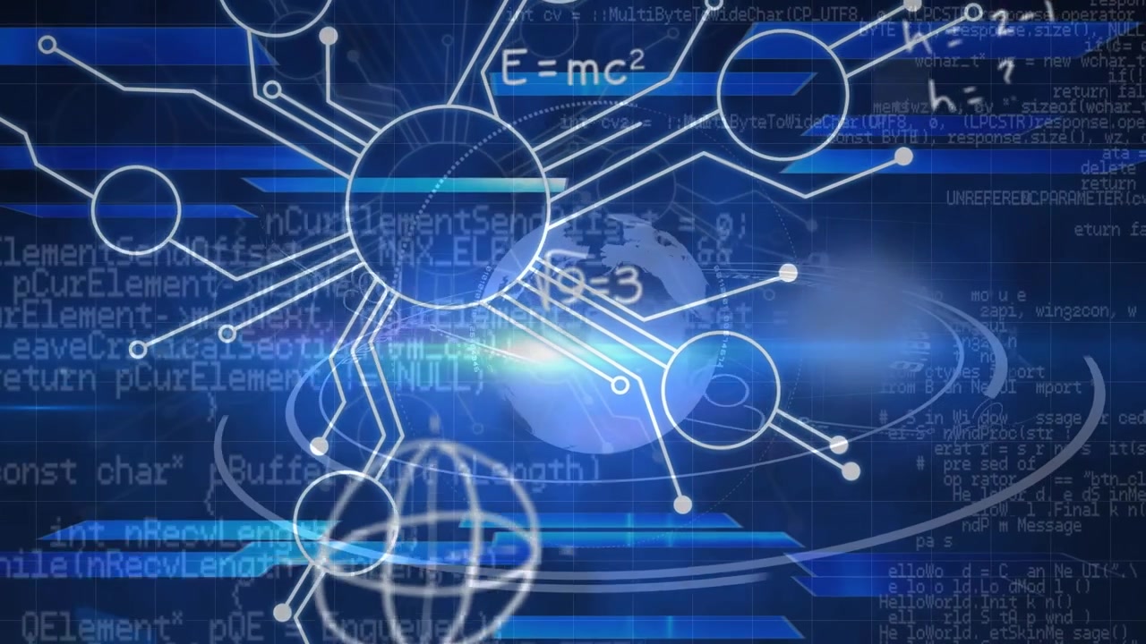 Animation of diverse data processing over network of connections on black screen