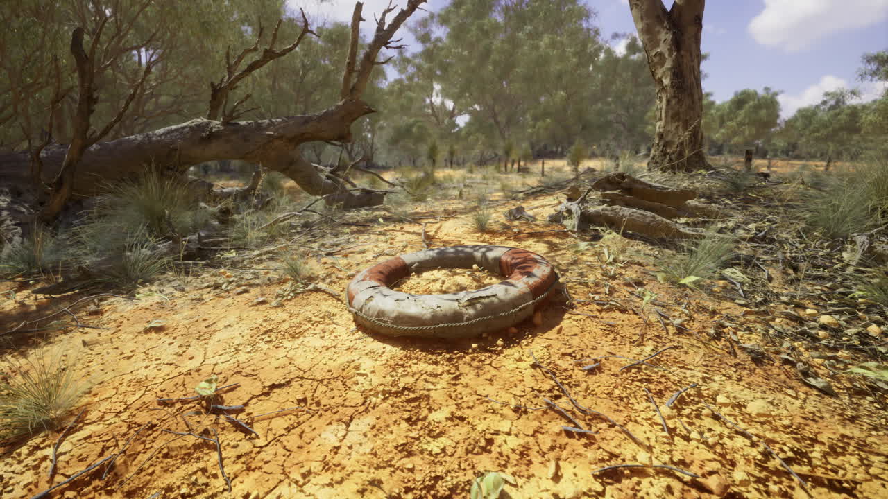 Deserted landscape unfolds with an abandoned inner tube in a sunlit grove