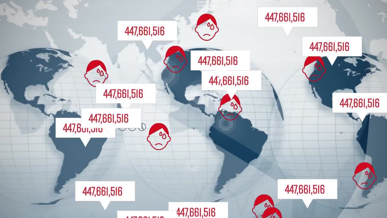 세계 지도 위에  ⁇ 색 음성 거품에 날아다니는 인간의 얼굴과 숫자의 애니메이션