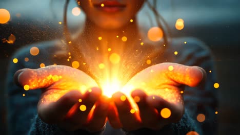 woman holding glowing particles in hands during twilight hours