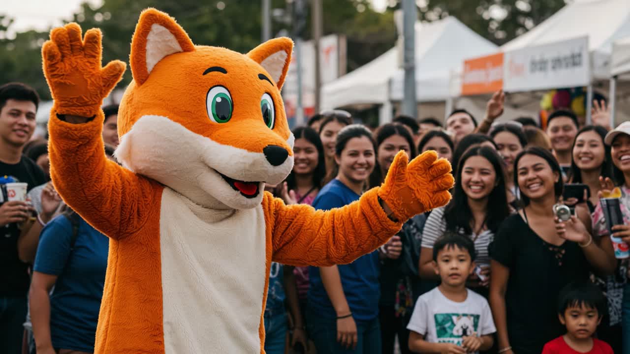 A lively orange fox mascot captures the excitement of an enthusiastic crowd, engaging with fans and bringing joy at a festive outdoor event