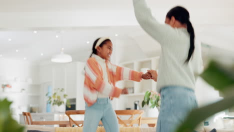 Mother,-girl-child-and-dancing-in-home