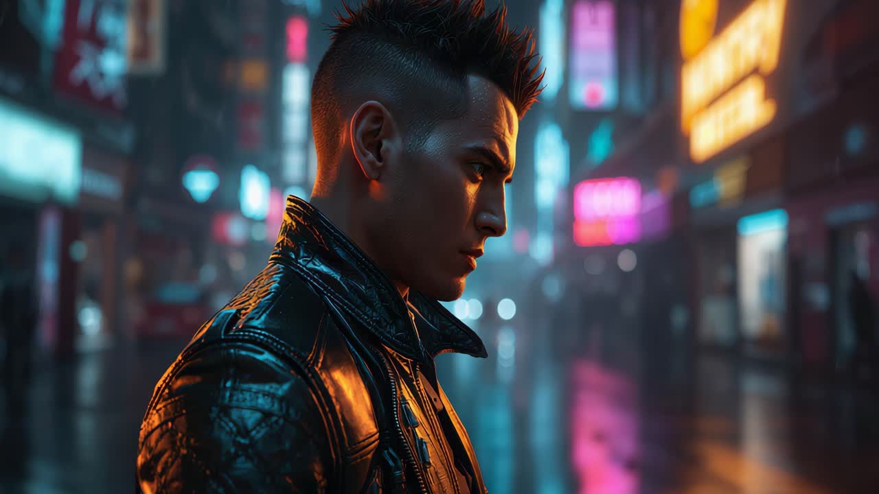 Man in Leather Jacket in Cyberpunk City at Night