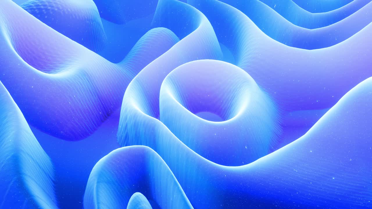 Beautiful abstract 3D surface with glitter sparkles, abstract 3d waves run on surface in loop. Blue gradient, soft matte material with light inner glow. Smoothly 4k animation